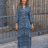 VESTIDO GASA HOJAS AZUL
