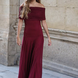 VESTIDO BARCO TUL VINO