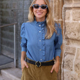 BLUSA VOLANTE DENIM CLARO