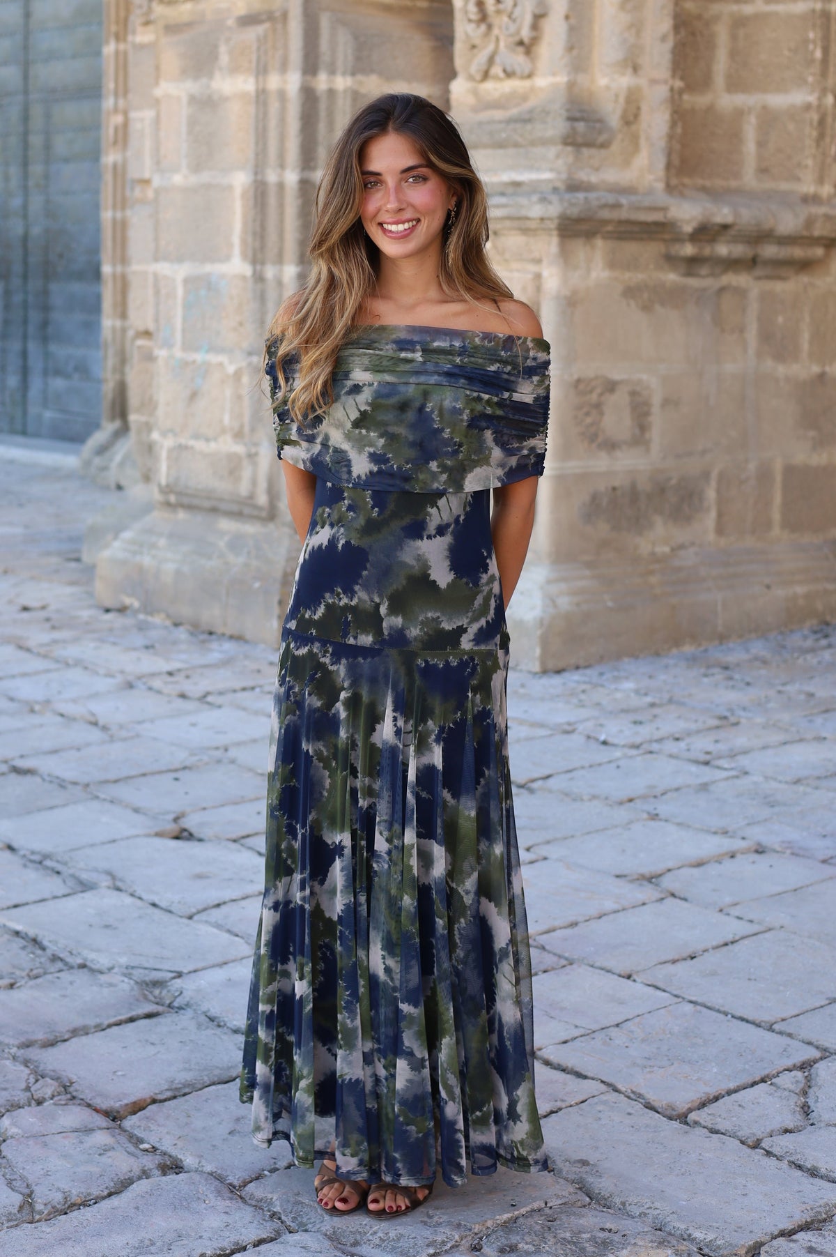 VESTIDO BARCO TUL ESTAMPADO VERDE