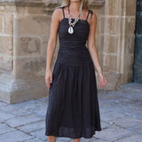 VESTIDO FRUNCES LINO MARRON
