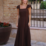 VESTIDO VOLANTE HOMBRO MARRON