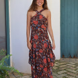 VESTIDO HALTER VOLANTES MARRON