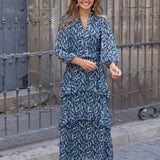 VESTIDO GASA HOJAS AZUL