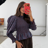 BLUSA NIDO DE ABEJA RAYAS CELESTE