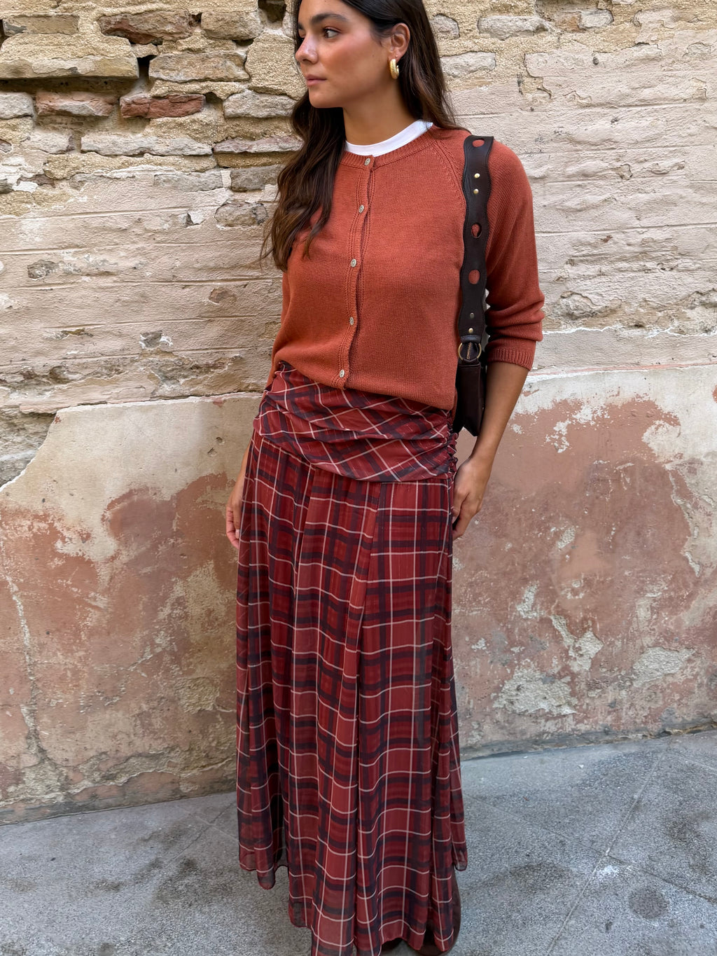 FALDA CUADROS LUREX TEJA