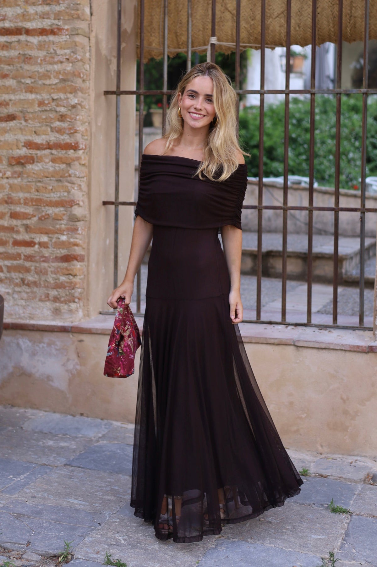 VESTIDO BARCO TUL MARRON