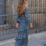 VESTIDO GASA HOJAS AZUL