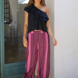 PANTALON BOMBACHO RAYAS MORADO