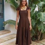 VESTIDO VOLANTE HOMBRO MARRON