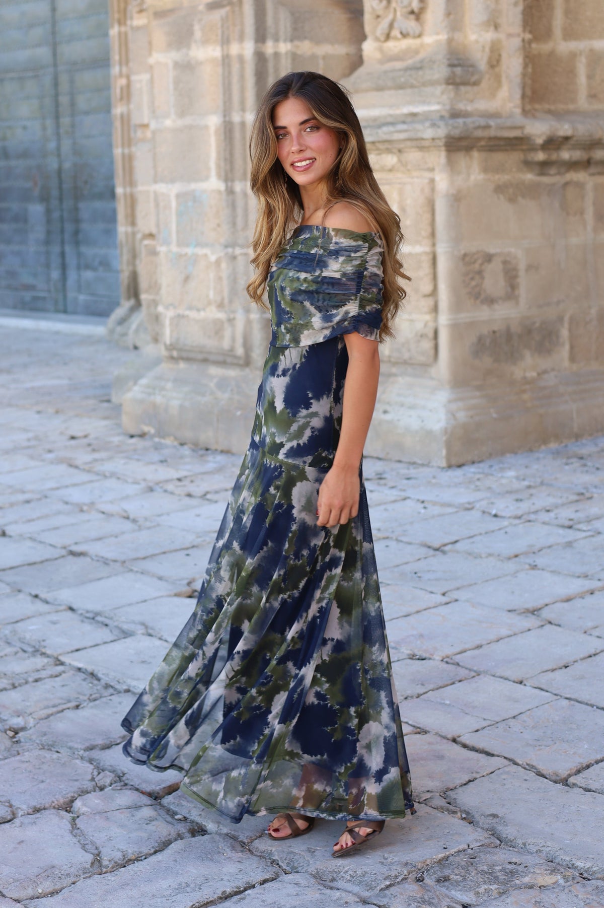 VESTIDO BARCO TUL ESTAMPADO VERDE