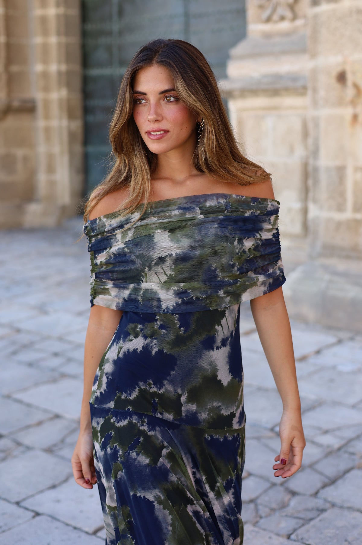 VESTIDO BARCO TUL ESTAMPADO VERDE