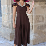 VESTIDO VOLANTE HOMBRO MARRON