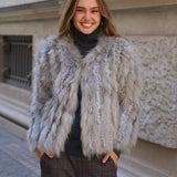 CHAQUETA PELO NATURAL PLUMAS GRIS