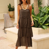VESTIDO PLISADO VOLANTES MARRON