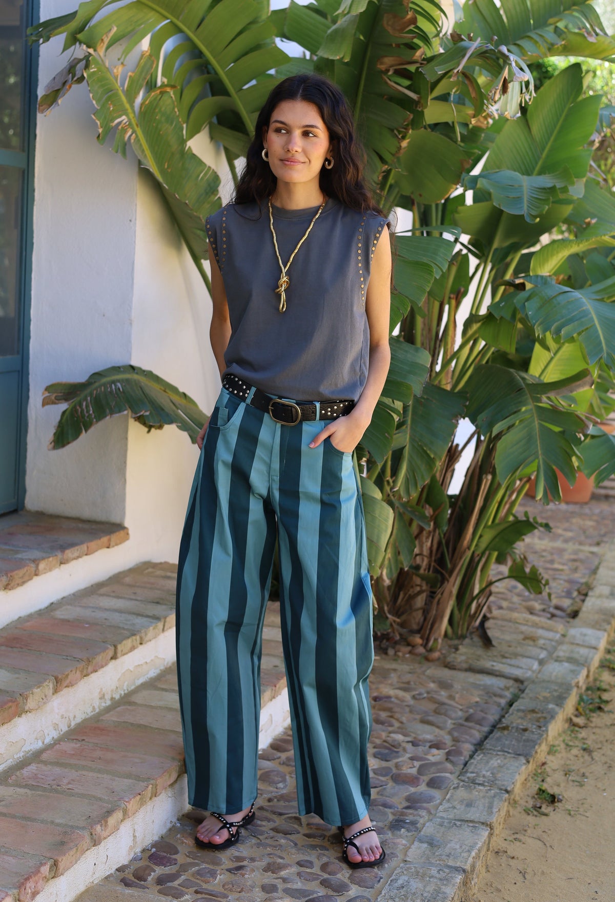 PANTALON RAYAS VERTICALES TURQUESA