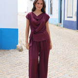 PANTALON CINTURON SATINADO BERENJENA