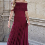 VESTIDO BARCO TUL VINO