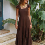 VESTIDO VOLANTE HOMBRO MARRON