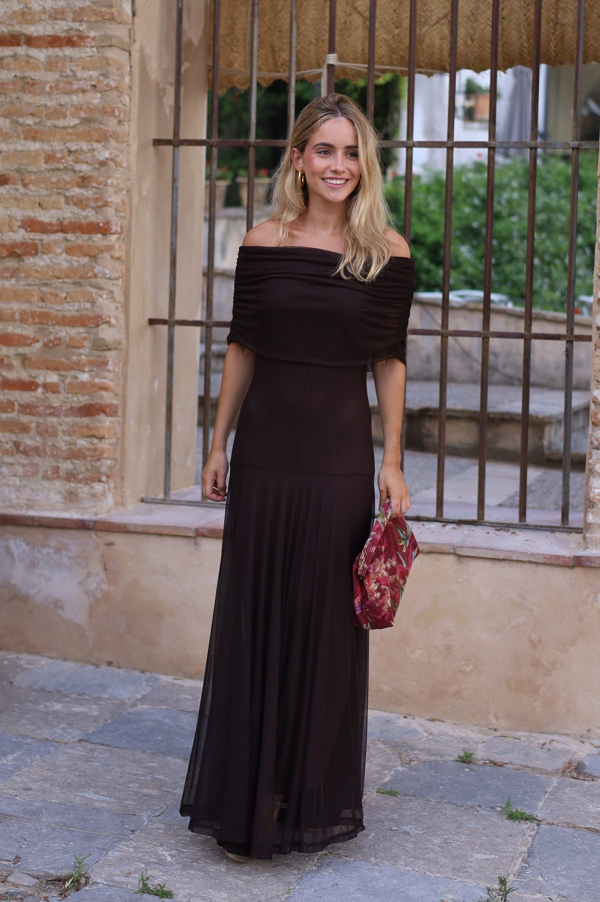 VESTIDO BARCO TUL MARRON