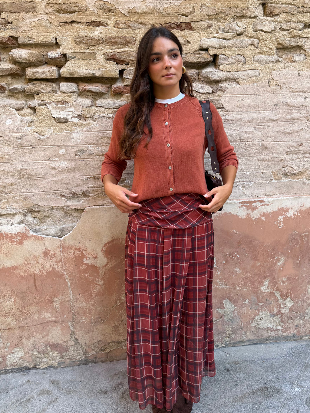 FALDA CUADROS LUREX TEJA