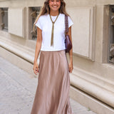 FALDA MIDI SATINADA CAMEL