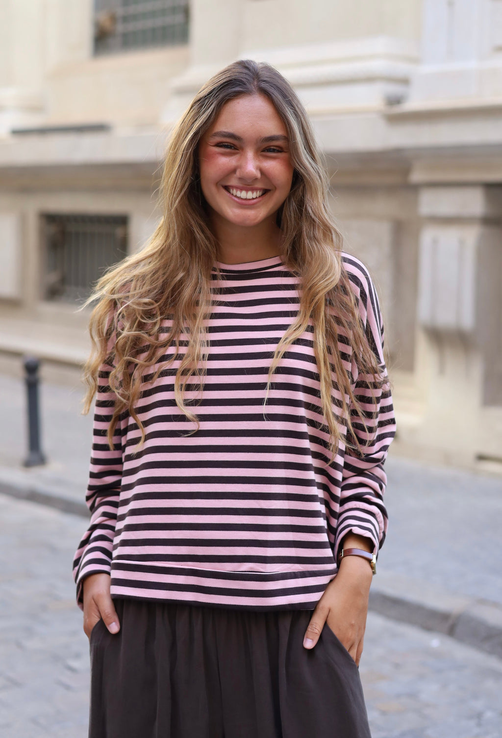 CAMISETA CAROLINA ROSA Y MARRÓN