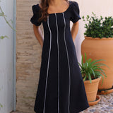 VESTIDO NEGRO COSTURAS BLANCAS