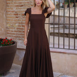 VESTIDO VOLANTE HOMBRO MARRON