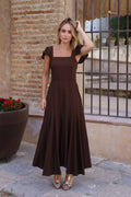 VESTIDO VOLANTE HOMBRO MARRON