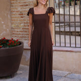 VESTIDO VOLANTE HOMBRO MARRON