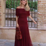 VESTIDO BARCO TUL VINO