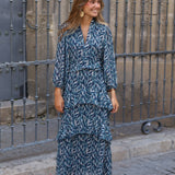 VESTIDO GASA HOJAS AZUL