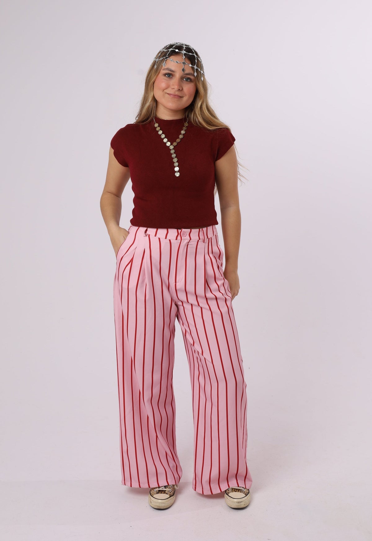 PANTALON PINZAS RAYAS ROSA