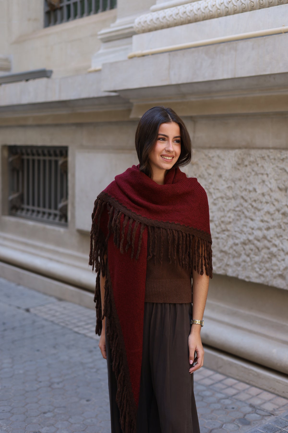 PONCHO FLECOS BICOLOR VINO