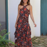 VESTIDO HALTER VOLANTES MARRON