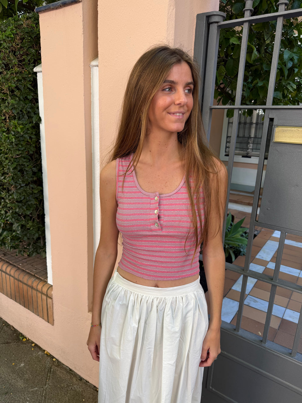 TOP LUREX BOTONES ROSA CLARO