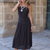 VESTIDO FRUNCES LINO MARRON