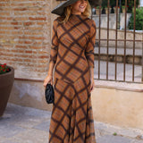 VESTIDO TUL CUADROS MARRON