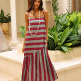 VESTIDO ASIMETRICO RAYAS VINO