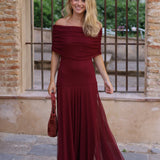 VESTIDO BARCO TUL VINO