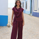 PANTALON CINTURON SATINADO BERENJENA
