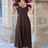 VESTIDO VOLANTE HOMBRO MARRON