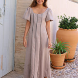 VESTIDO BEIGE COSTURAS NEGRAS
