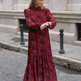 VESTIDO AMAPOLAS VOLANTE FRESA