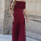 VESTIDO BARCO TUL VINO