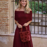 VESTIDO BARCO TUL VINO