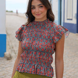 BLUSA FRUNCES ESTAMPADA AZUL