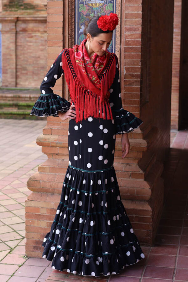 TRAJE DE FLAMENCA CANASTERO NEGRO LUNAR BLANCO