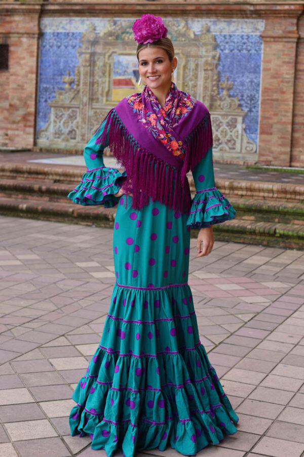 TRAJE DE FLAMENCA CANASTERO VERDE LUNAR MORADO